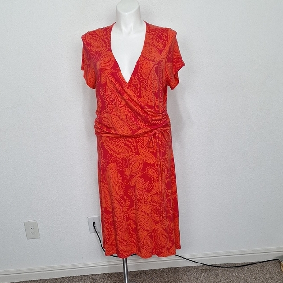 Land's End Red Flutter Sleeve Coquette Faux Wrap Cottagecore Midi Dress-16-18W - Picture 2 of 13